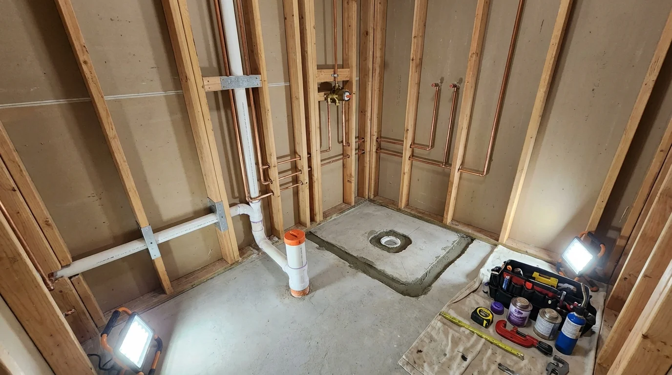 Bathroom rough-in plumbing during remodel by Johns Plumbing LLC in Barnesville