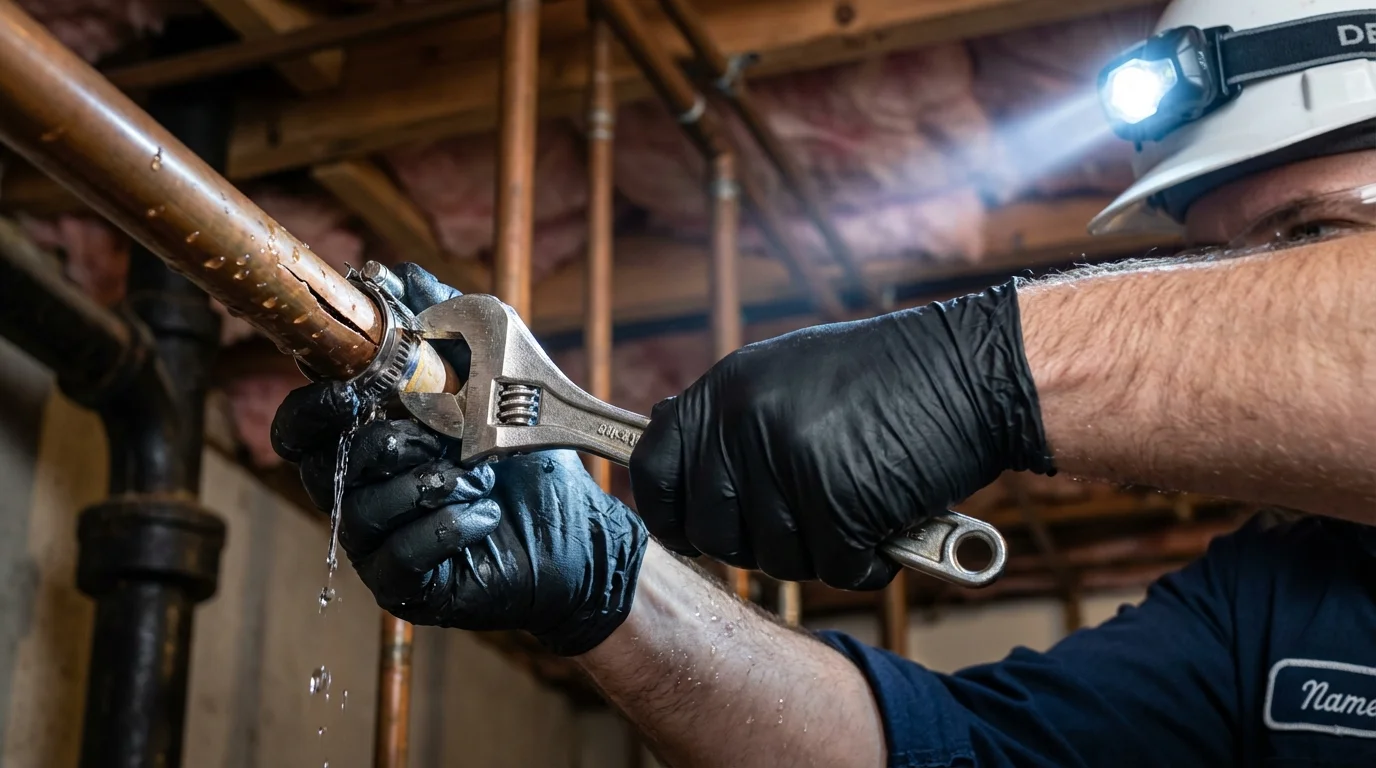 Emergency pipe clamp repair being performed by a Johns Plumbing LLC plumber in Barnesville