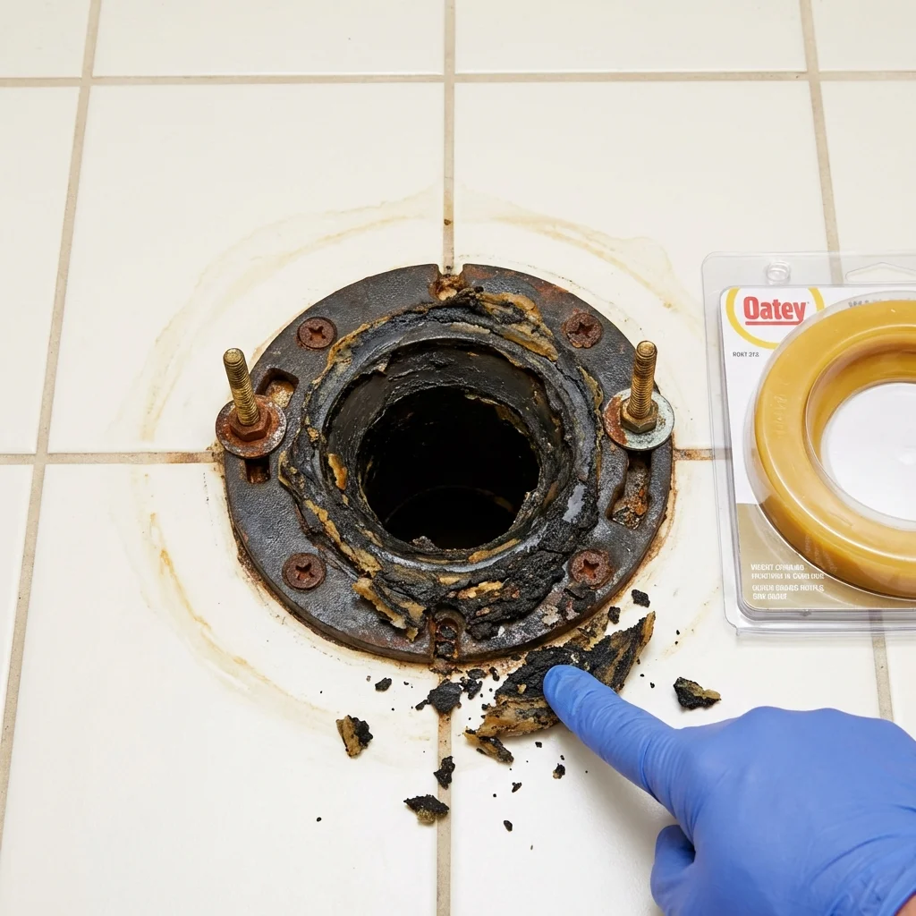 Failed wax ring showing water seepage at the base of a toilet in a Barnesville, MN home